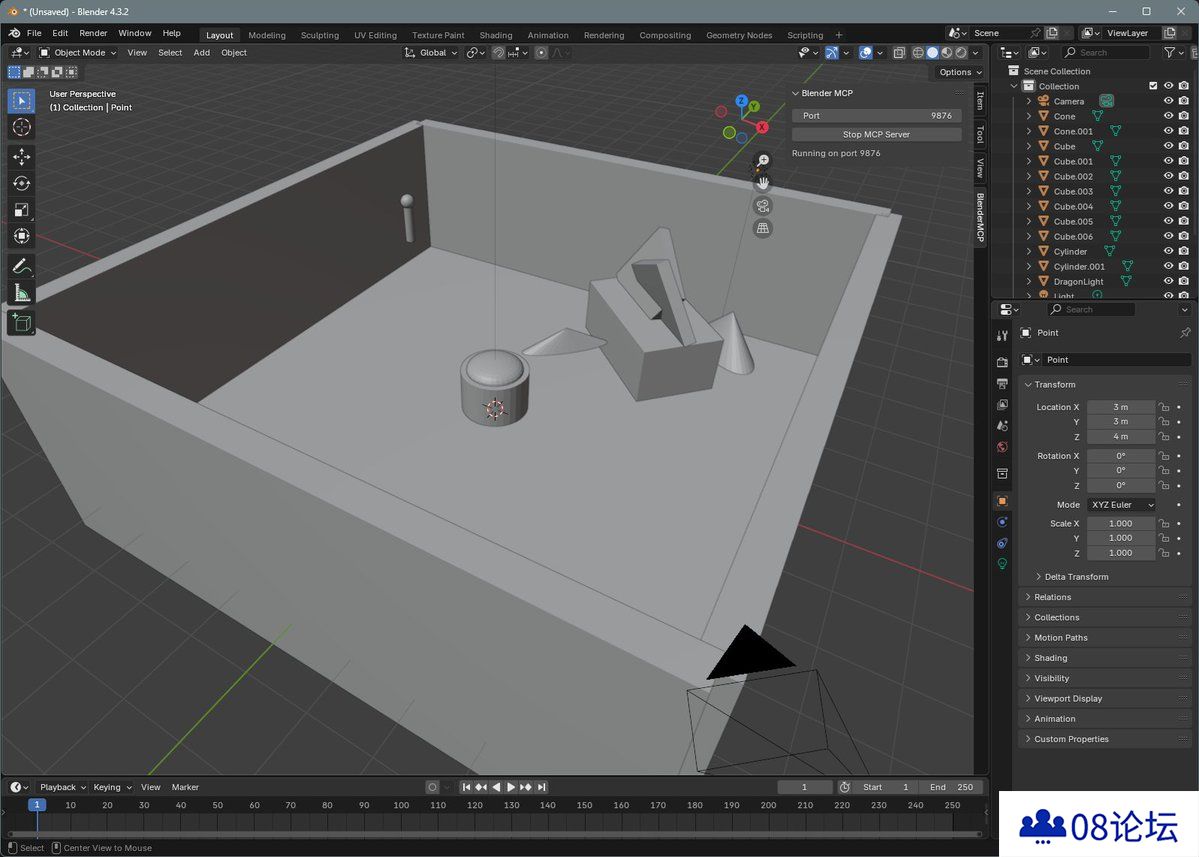 BlenderMCP： 实现Claude AI与Blender交互，通过提示词进行3D建模、场景创建和操作。
